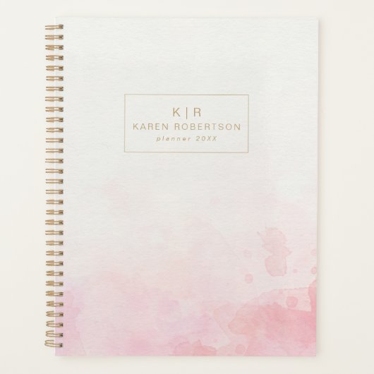 Minimalistisch blush roze waterverf goud monogram planner (Voorkant)