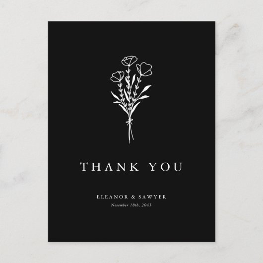 Minimalistisch boeket zwarte foto bruiloft bedankt briefkaart (Voorkant)