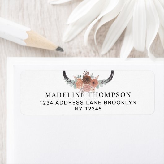 Minimalistisch Bohemian Floral Bull Skull-adres Etiket (Insitu)