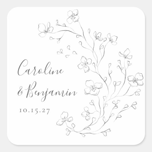 Minimalistisch Boho Black White Floral Art Wedding Vierkante Sticker (Voorkant)