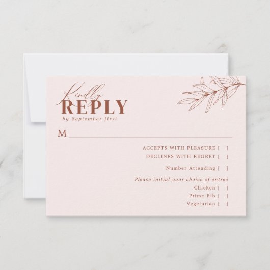 Minimalistisch Boho Blush Terracotta Wedding Meal  RSVP Kaartje (Voorkant)