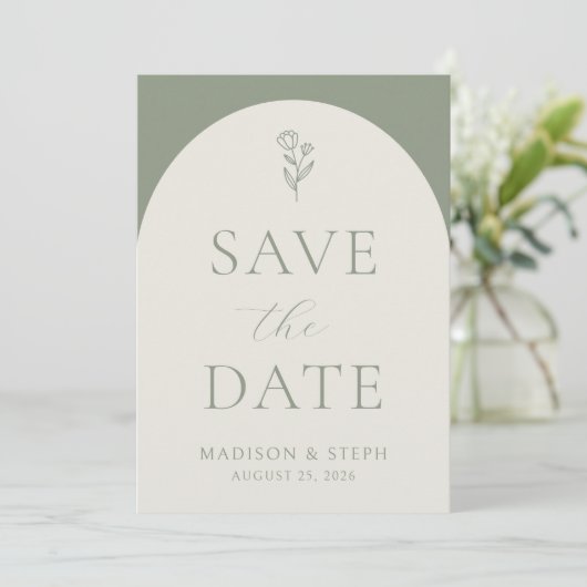Minimalistisch Boho Botanical Sage Green Wedding Save The Date (Staand voorkant)