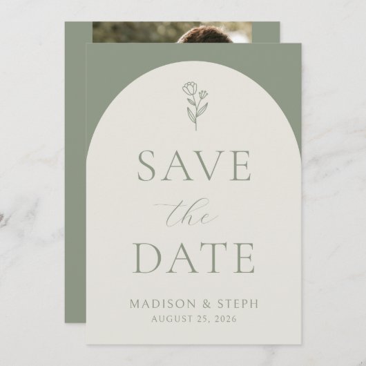 Minimalistisch Boho Botanical Sage Green Wedding Save The Date (Voorkant / Achterkant)