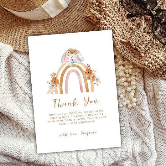 Minimalistisch Boho Bunny Regenboog Bloemen Baby s Bedankkaart