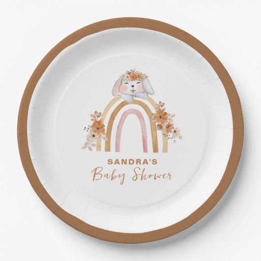 Minimalistisch Boho Bunny Regenboog Bloemen Baby s Papieren Bordje (Voorkant)