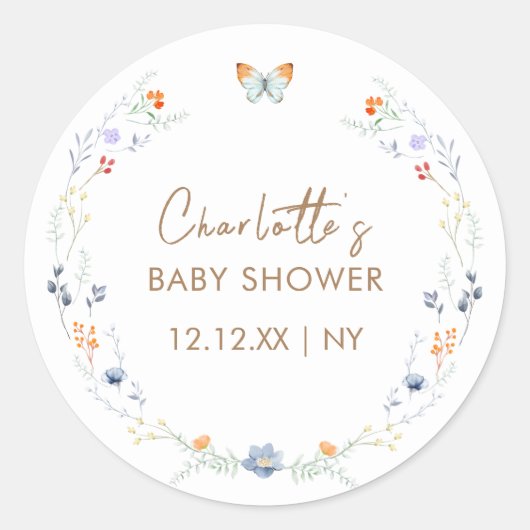 Minimalistisch Boho Butterfly Wildflower Baby show Ronde Sticker (Voorkant)