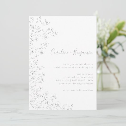Minimalistisch Boho Cherry Blossom Floral Art Wedd Kaart (Staand voorkant)