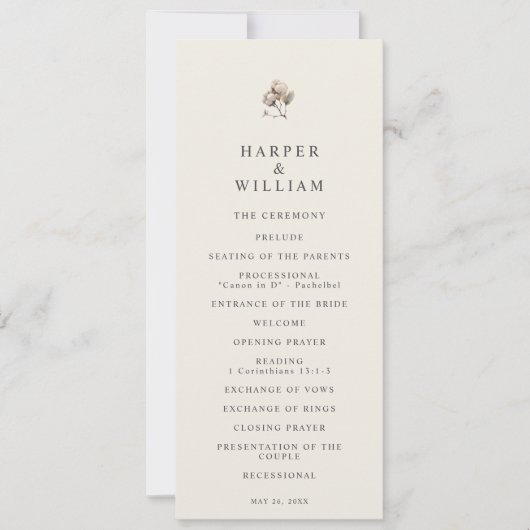 Minimalistisch Boho Cotton Twig bruiloft programma (Voorkant)