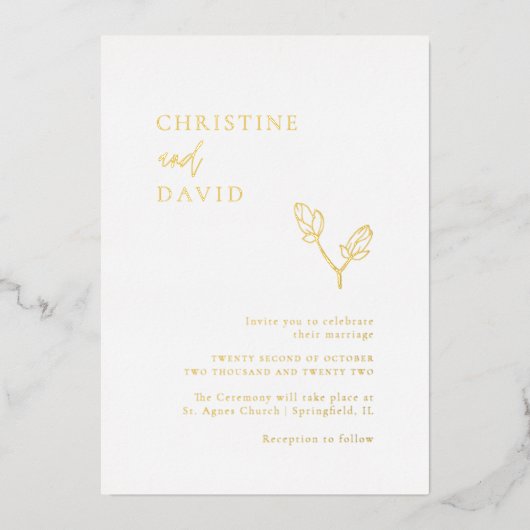 Minimalistisch Boho Gold Foil Wedding Folie Uitnodiging (Voorkant)