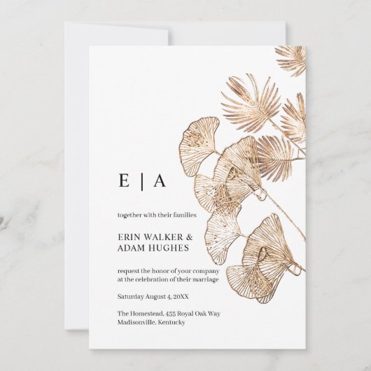 Minimalistisch Boho Gold Ginko en Palm Elegant Wed Kaart (Voorkant)