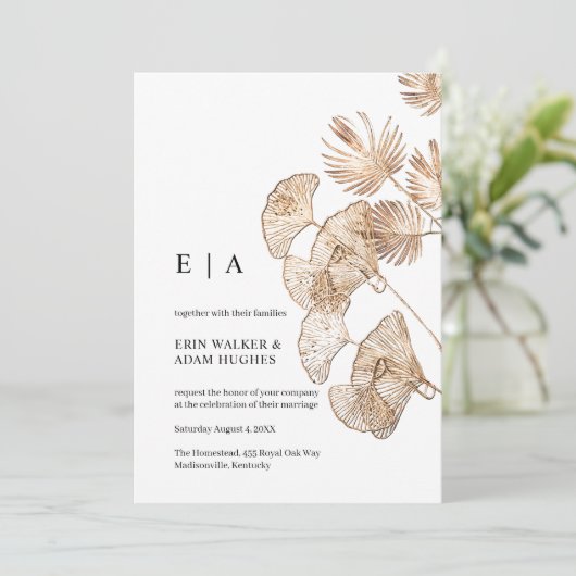 Minimalistisch Boho Gold Ginko en Palm Elegant Wed Kaart (Staand voorkant)