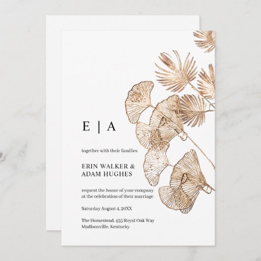 Minimalistisch Boho Gold Ginko en Palm Elegant Wed Kaart (Voorkant / Achterkant)