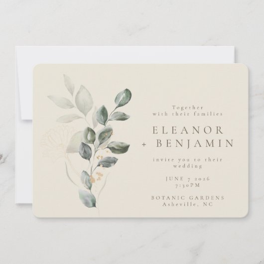 Minimalistisch Boho Green Eucalyptus Botanical Wed Kaart (Voorkant)