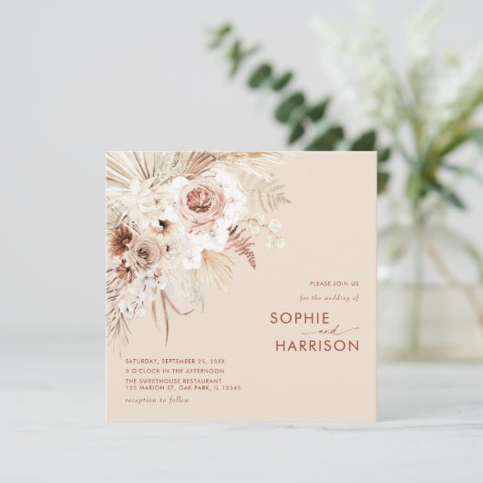 Minimalistisch Boho Pampas Grass Square Weddenscha Kaart (Staand voorkant)