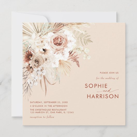 Minimalistisch Boho Pampas Grass Square Weddenscha Kaart (Voorkant)