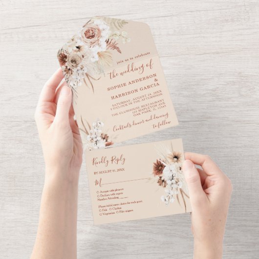 Minimalistisch Boho Pampas Grass Wedding All In One Uitnodiging (Afscheurbaar)