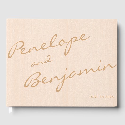 Minimalistisch Boho Peach Gold Script Weddenschap  Gastenboek (Voorkant)