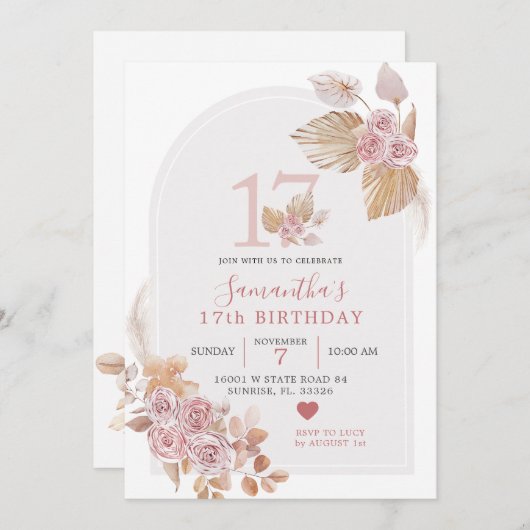 Minimalistisch Boho Pink Arch 17th Birthday Uitnod Kaart (Voorkant / Achterkant)