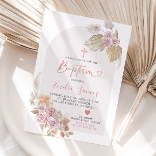 Minimalistisch Boho Pink Floral Arc Baptism Uitnod Kaart