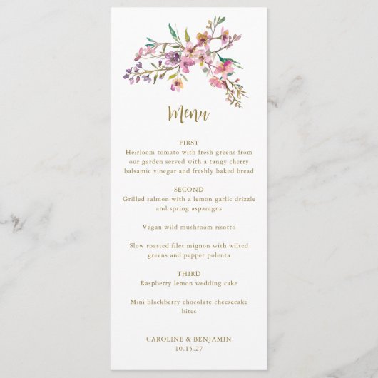 Minimalistisch Boho roze Wildbloemen Bruiloft Cust Menu (Voorkant)
