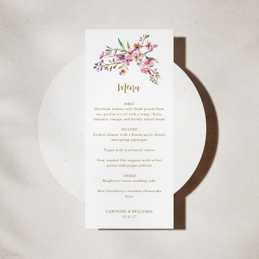 Minimalistisch Boho roze Wildbloemen Bruiloft Cust Menu