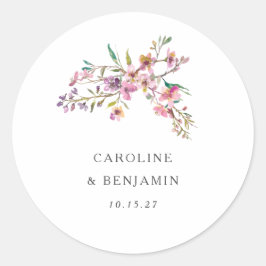 Minimalistisch Boho roze Wildbloemen Bruiloft Cust Ronde Sticker