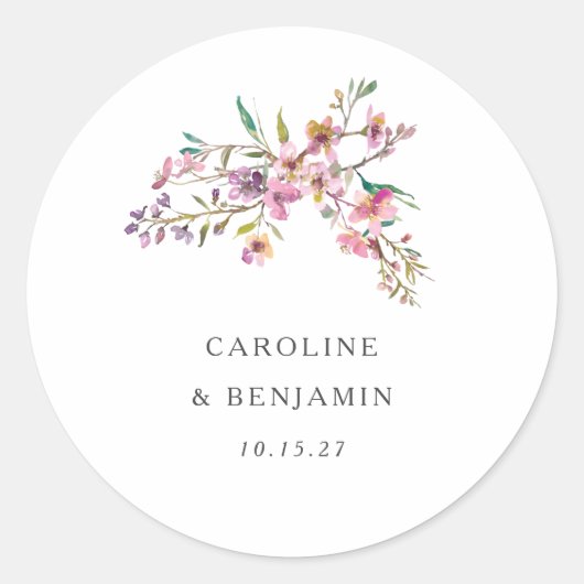 Minimalistisch Boho roze Wildbloemen Bruiloft Cust Ronde Sticker (Voorkant)