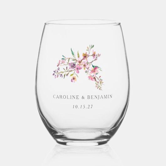 Minimalistisch Boho roze Wildbloemen Bruiloft Cust Wijnglas Zonder Voet (Voorkant)