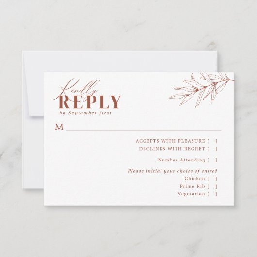 Minimalistisch Boho Rust Terracotta Wedding Meal R RSVP Kaartje (Voorkant)