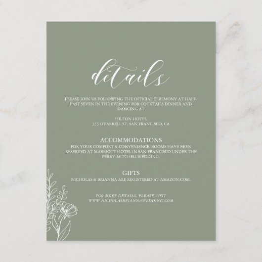 Minimalistisch Boho Sage Green Elegant Wedding Det Informatiekaartje (Voorkant)
