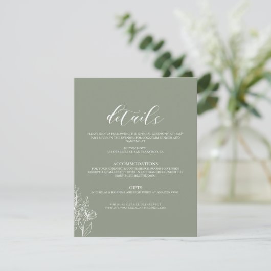Minimalistisch Boho Sage Green Elegant Wedding Det Informatiekaartje (Staand voorkant)
