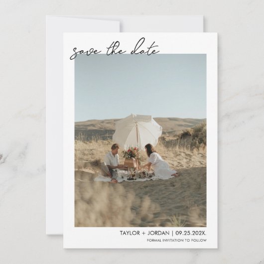 Minimalistisch Boho Script Photo Weddenschap Save Save The Date (Voorkant)