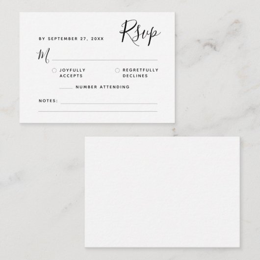 Minimalistisch Boho Script RSVP Budget Wedding Notitiekaartje (Voorkant / Achterkant)