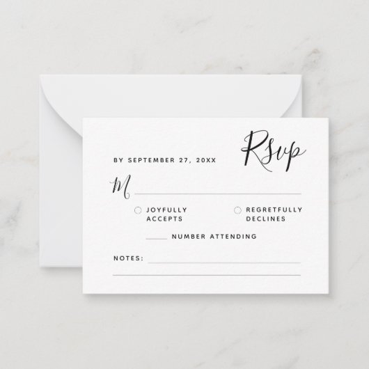 Minimalistisch Boho Script RSVP Budget Wedding Notitiekaartje (Voorkant)