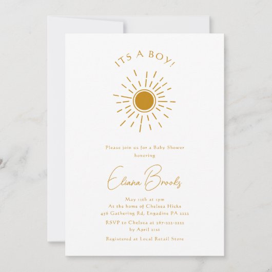 Minimalistisch Boho Sunshine `Baby shower Het is e Kaart (Voorkant)