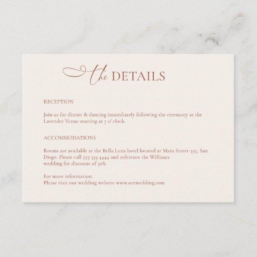 Minimalistisch Boho Terracotta Wedding Details Kaa Informatiekaartje (Voorkant)