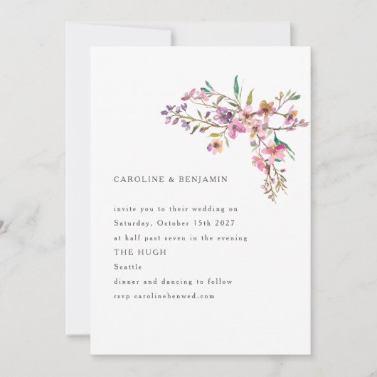 Minimalistisch Boho Whimsical Pink Wildflower Wedd Kaart (Voorkant)