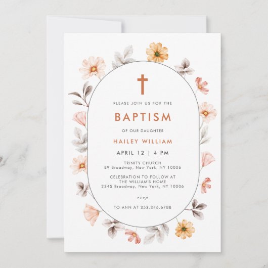 Minimalistisch Boho Wildflower Lijst Cross Doop Kaart (Voorkant)