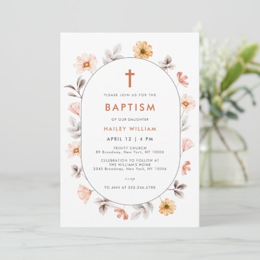 Minimalistisch Boho Wildflower Lijst Cross Doop Kaart (Staand voorkant)