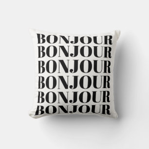 Minimalistisch Bonjour Frans Typografie Black Whit Kussen