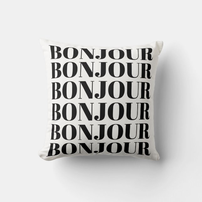 Minimalistisch Bonjour Frans Typografie Black Whit Kussen (Voorkant)