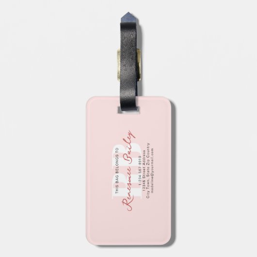 Minimalistisch Bord Roze Wit Monogram Bagagelabel (Achterkant verticaal)