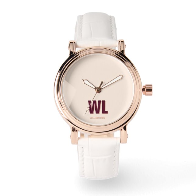 Minimalistisch bordeaux roze gepersonaliseerd mono horloge (Voorkant)