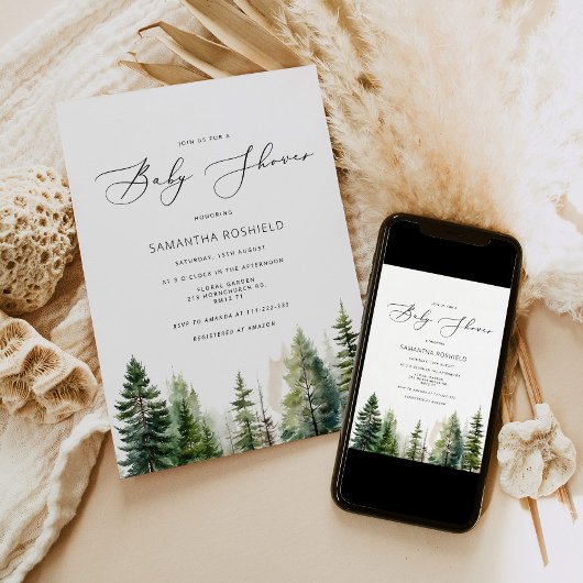 Minimalistisch bos dennenbomen Baby shower Kaart