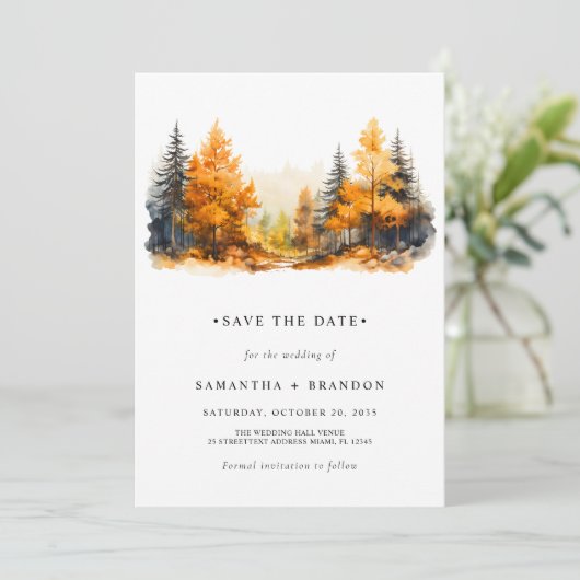 Minimalistisch bos in herfstkleuren save the date (Staand voorkant)