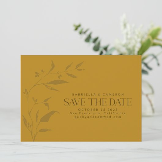 Minimalistisch botanisch geel boho bruiloft save the date (Staand voorkant)