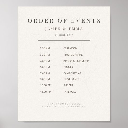 Minimalistisch Botanisch Trouwbord | Warm Wit Poster (Voorkant)