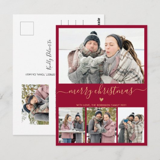 Minimalistisch Bourgogne 4 Fotocollage Kerstmis Briefkaart (Voorkant / Achterkant)