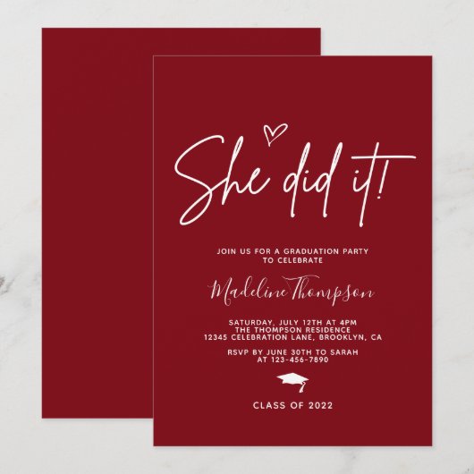 Minimalistisch Bourgogne Heart Ze deed het Afstude Kaart (Voorkant / Achterkant)