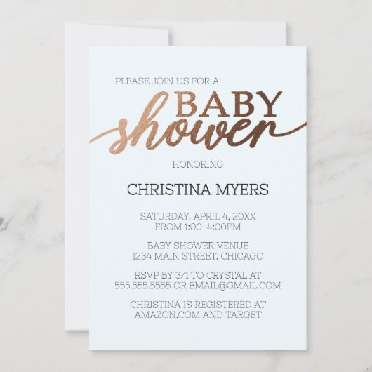 Minimalistisch brons en blauw elegant Baby shower Kaart (Voorkant)